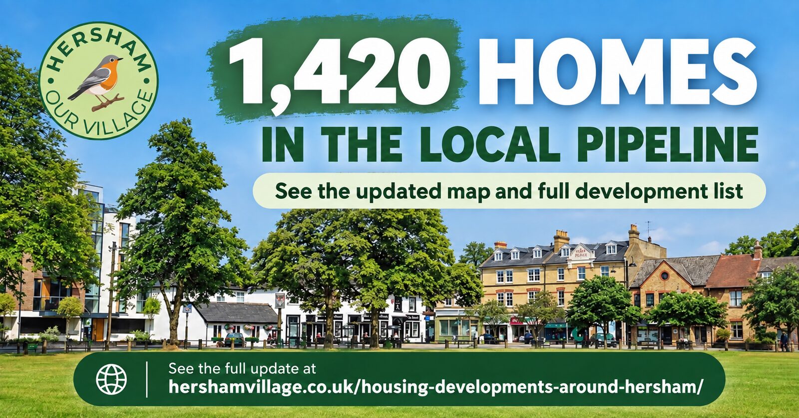 Banner reading 1,420 homes in the local pipeline, over a photograph of Hersham village green and the shops on Queens Road
