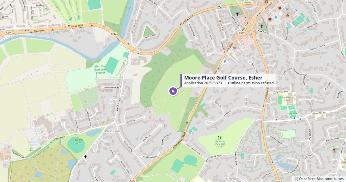 Map showing the location of the former Moore Place golf course on Portsmouth Road, Esher, where outline permission for 206 homes was refused in October 2026